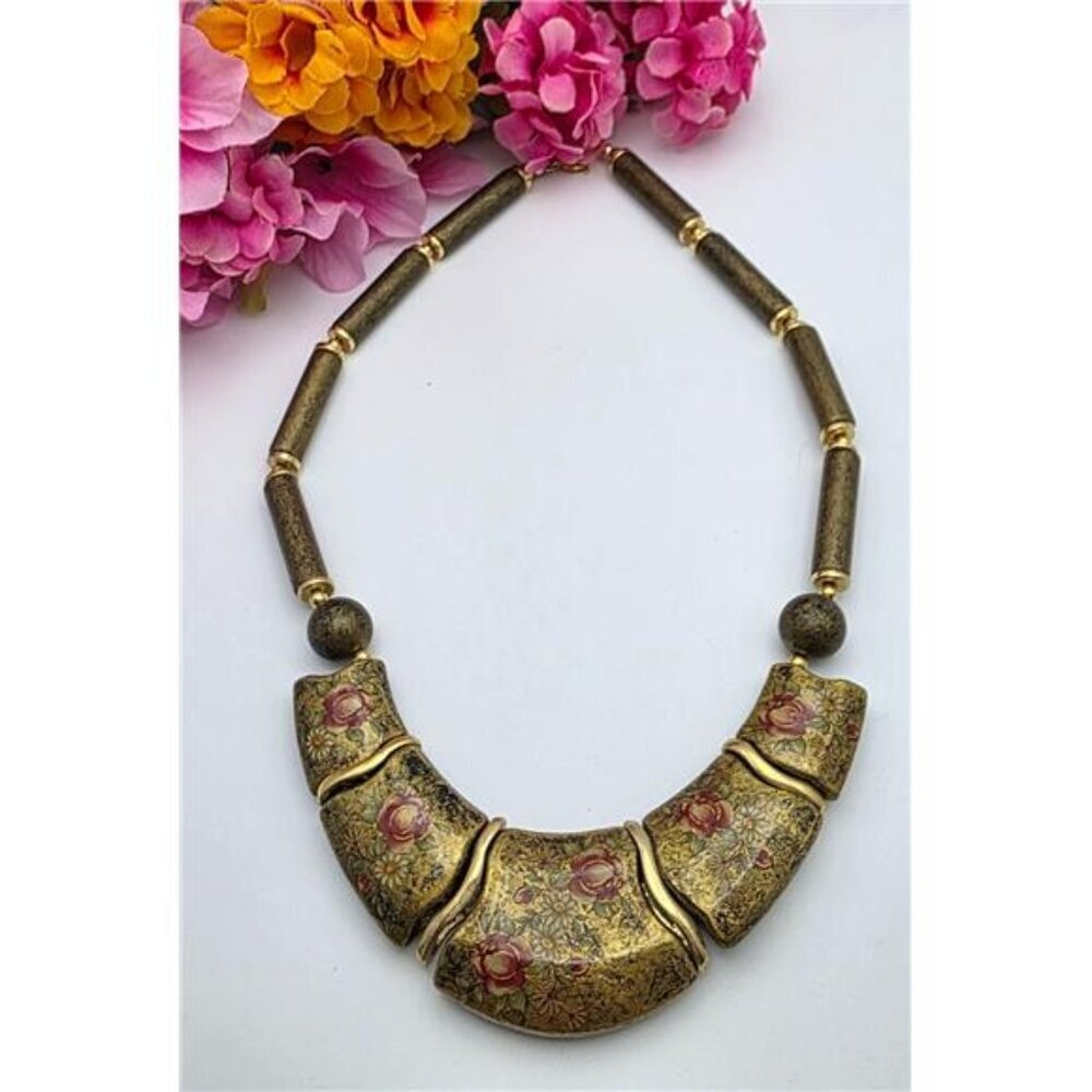 Japanese Style Floral Ceramic Tile Collar Necklace Green Gold Statement 18in
